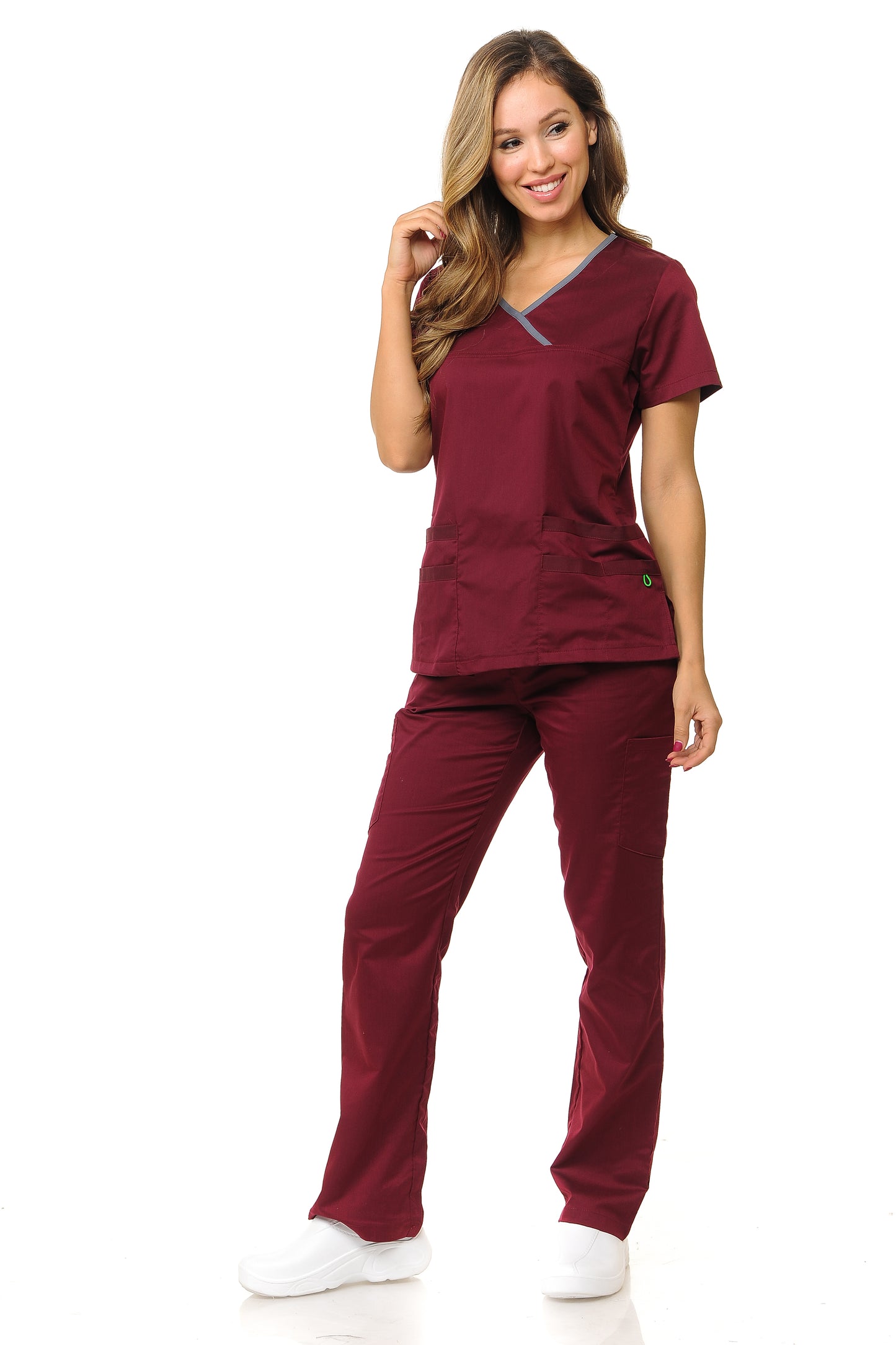 Women's Polyester Rayon Two Pocket Y-Neck Fitted Top