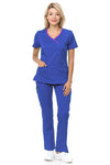 Women's Polyester Rayon 4 Pocket Y-Neck Fitted Set