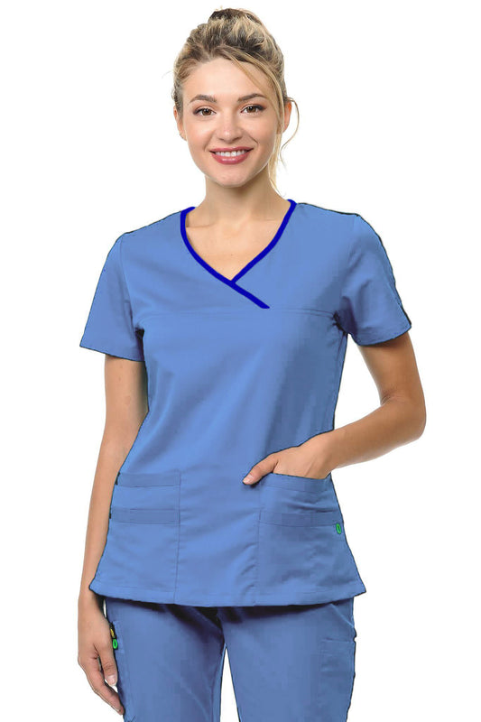 Woman's Polyester Rayon 4 Pocket Y-Neck Top