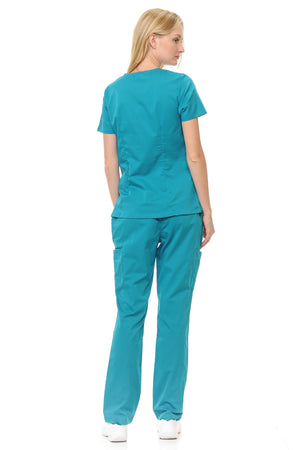 Women's Polyester Rayon 4 Pocket Y-Neck Fitted Set