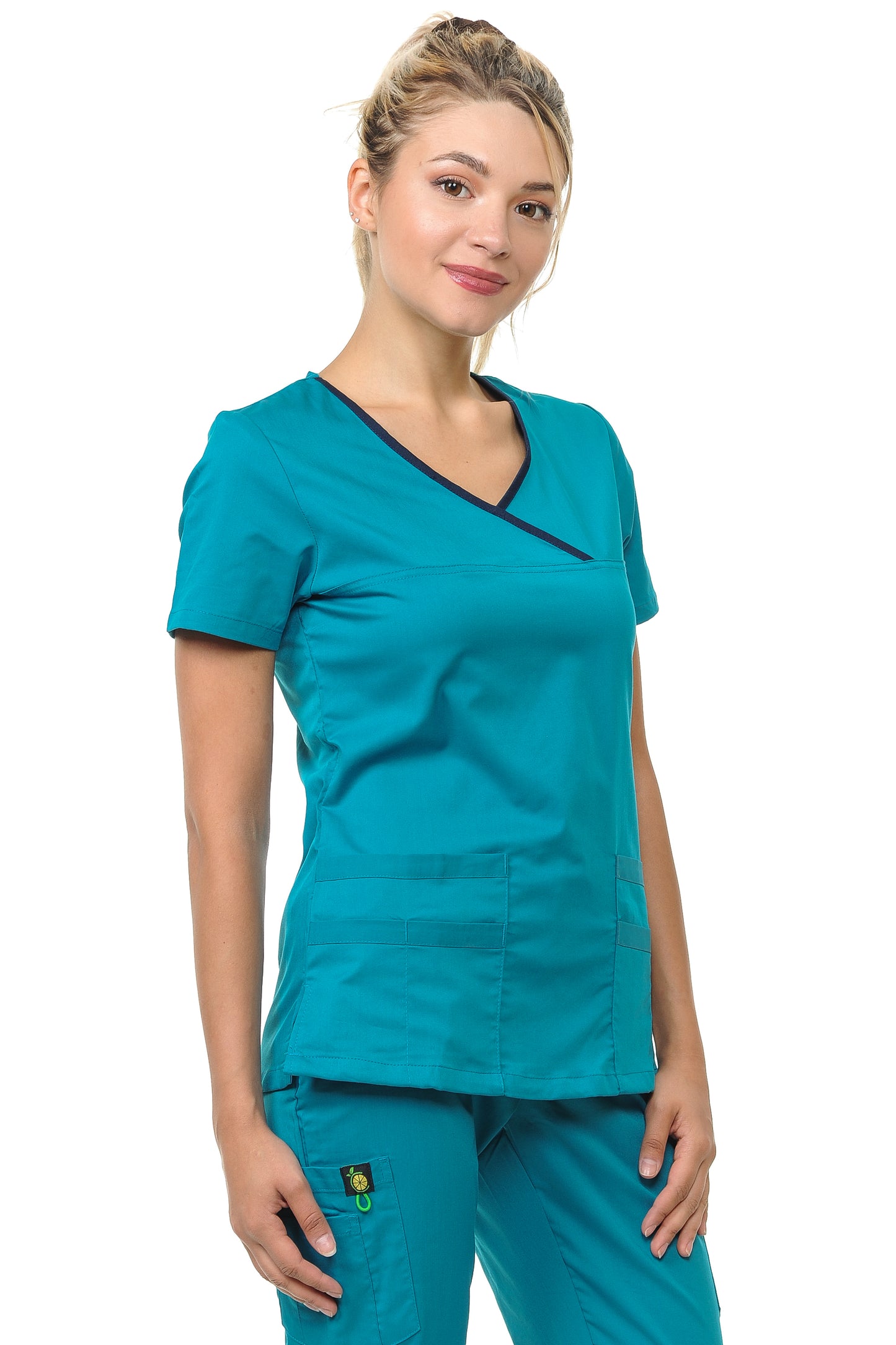 Women's Polyester Rayon Two Pocket Y-Neck Fitted Top